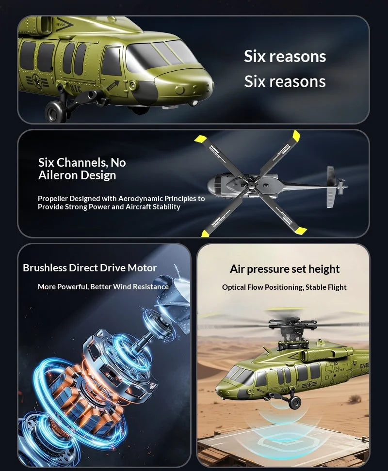 Six Channel Remote Control Military Helicopter With Simulated Stunt Design
