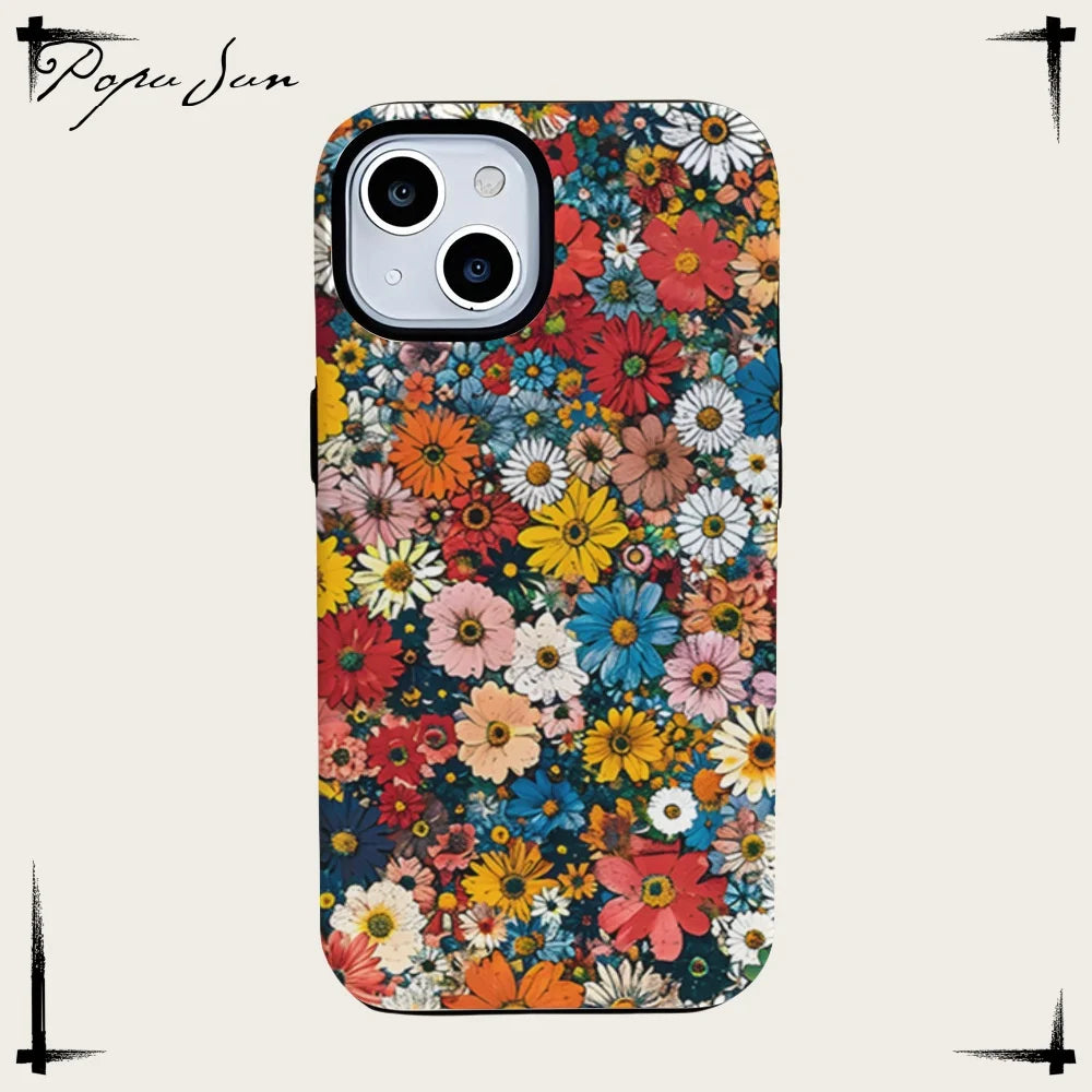 Art Drawing Flower Printed Daisy Phone Case for iPhone 16 15 13 14 Pro Max 16 15 Plus 2 in 1 Hard Protection Cover