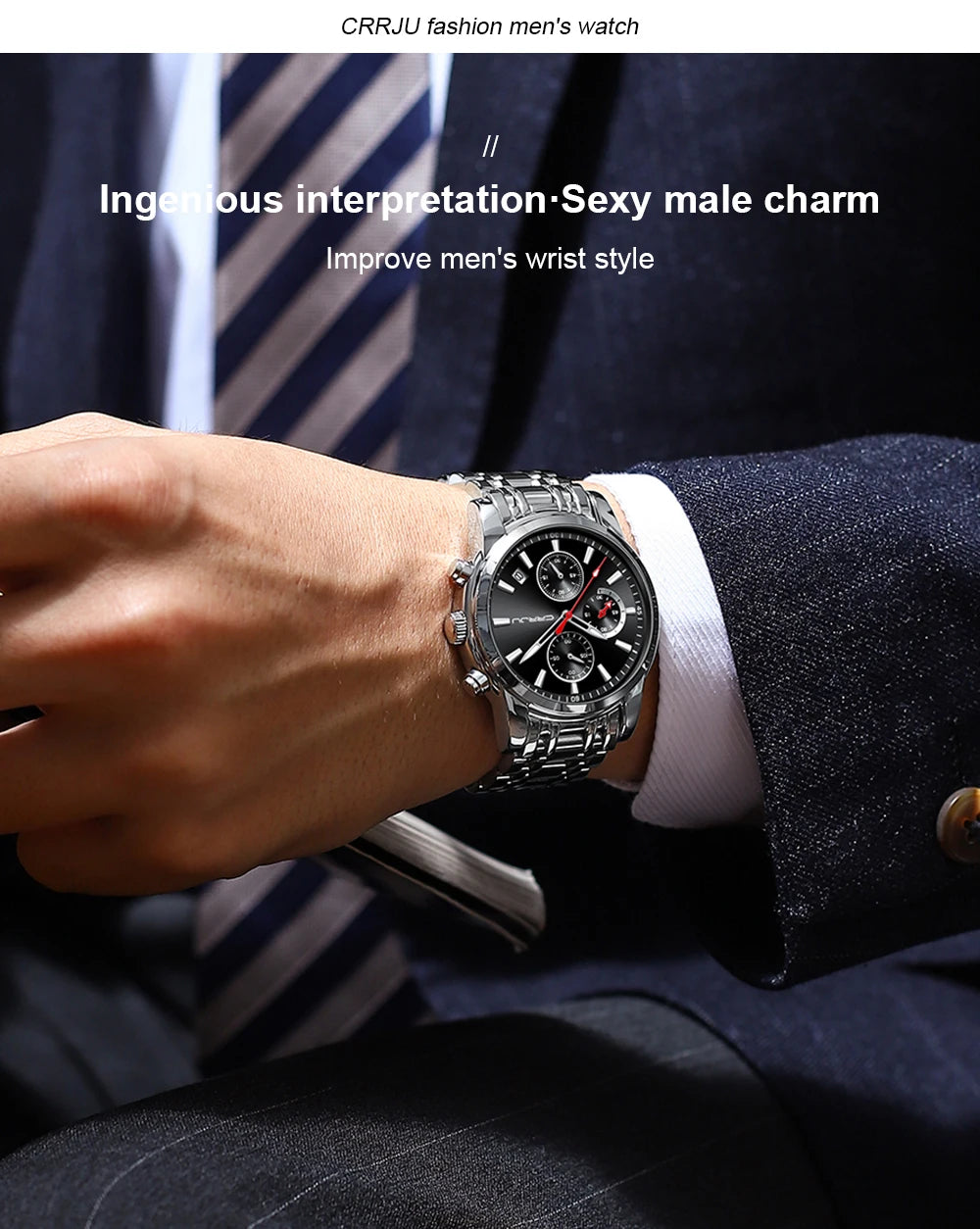 Men Watch Quartz Chronograph Full Steel Waterproof Wristwatch with Date