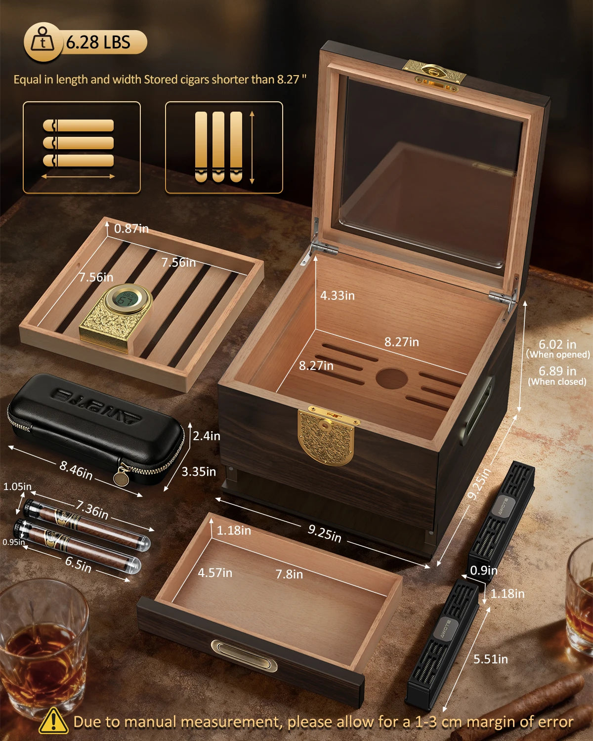 Cigar Humidor, Cedar Wood Cigar Box, Includes Leather Cigar Case, Cigar Tube, Digital Hygrometer and 2 Humidifiers, Gift Set