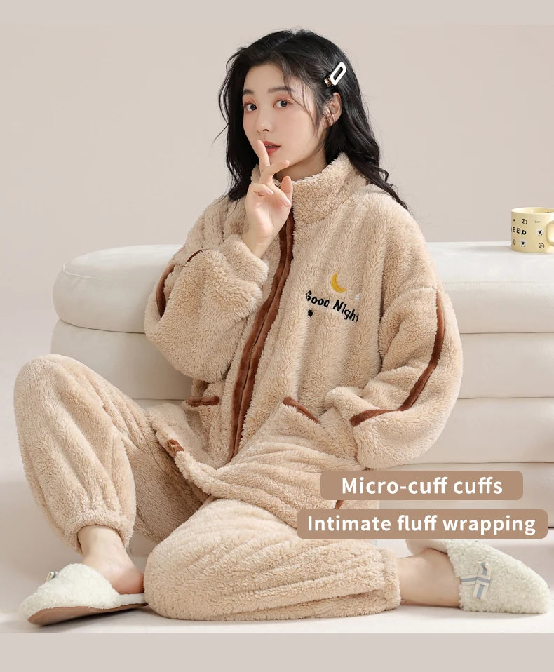 Women’s Winter Flannel Pajama Set – Warm Coral Fleece Loungewear with Cute Bunny Design