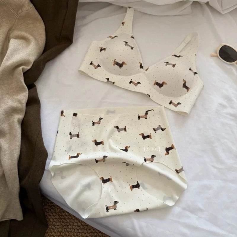 Womens Dachshund Print Wireless Bra and Brief Set