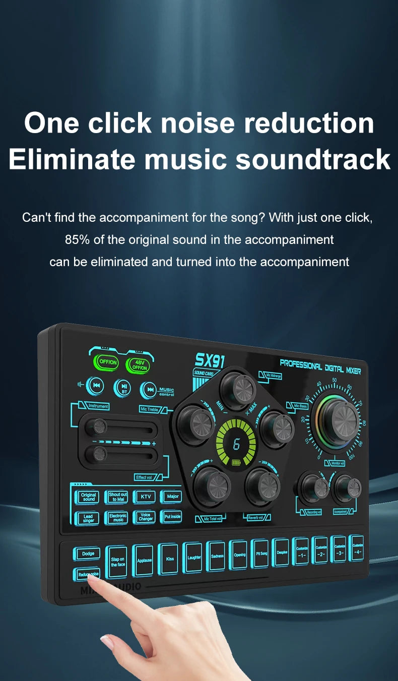SX91 48V Audio Mixer with Voice changer,Podcast Mixer,Sound Card for Phone Gaming Karaoke Studio Live Streaming Podcast