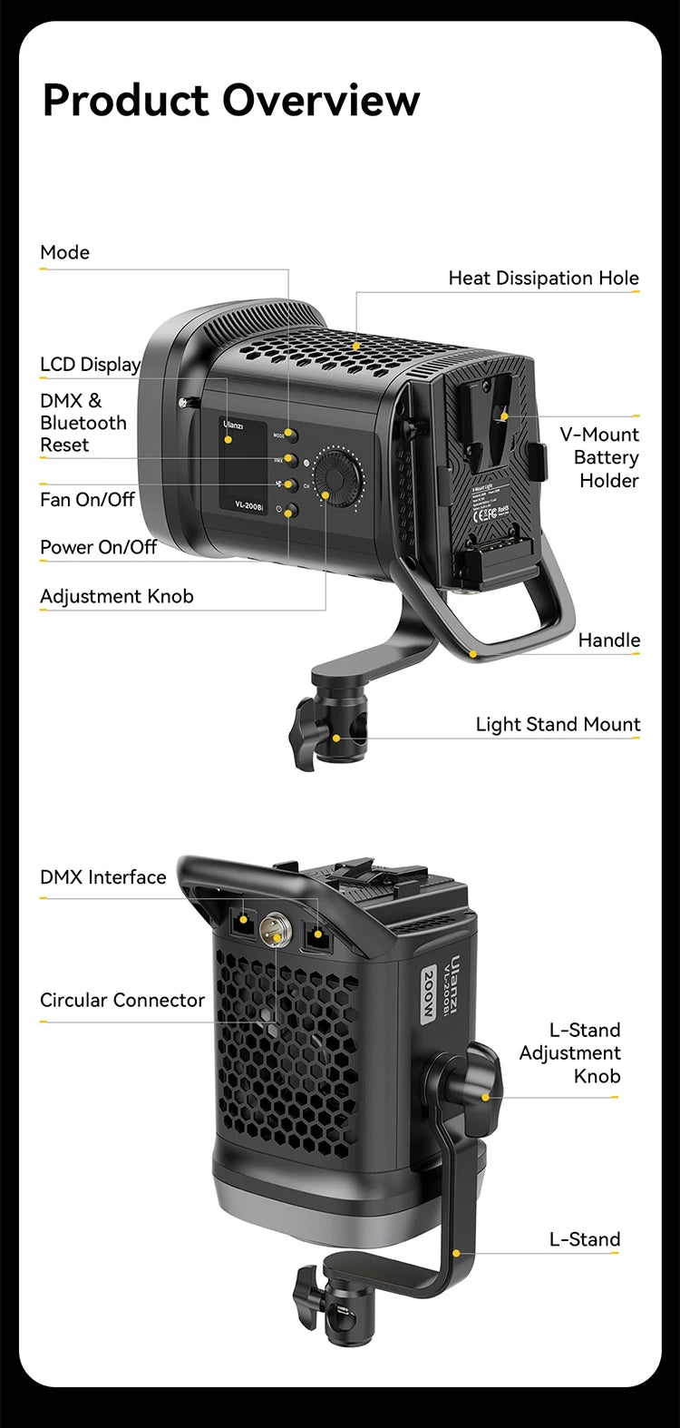 200W Bi-Color LED Video Light – Dimmable, Wireless APP Control, Continuous Studio & Photography Lighting