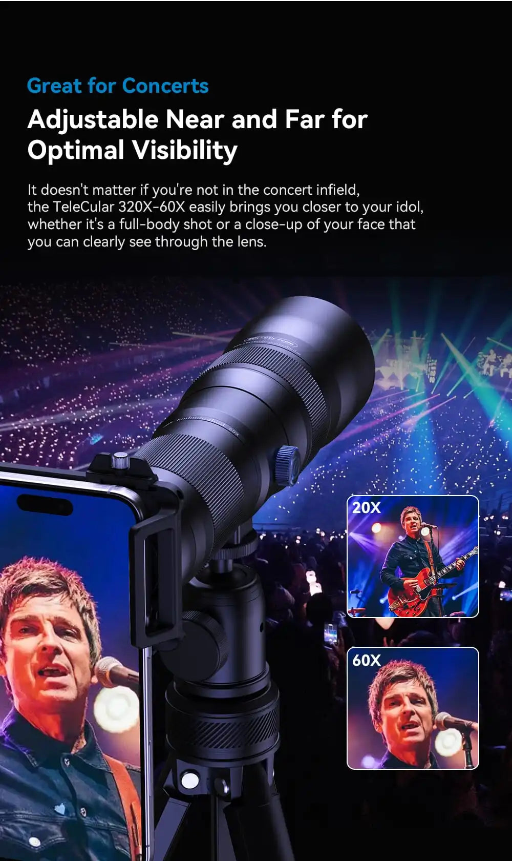 20X to 60X Mobile Phone Telephoto Zoom Lens with Metal Tripod