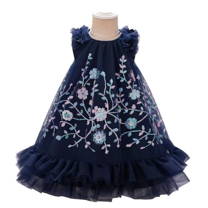 Girls Flower Embroidery Party Tutu Dress Kids Blue Christening Cosplay Dresses Girl Summer Fashion Clothes Children Holiday Wear