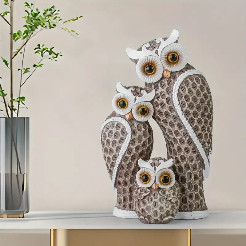 1 Set of 3 pcs Resin Owl Family Figurine Modern Minimalist Art Sculpture Trio Decorative Owl Home Office Desk Decor