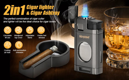 Cigar Lighter Triple Jet Flame Cigar Cutter Windproof Butane Refillable Torch Lighters 2 in 1 Multifunctional Ashtray Set