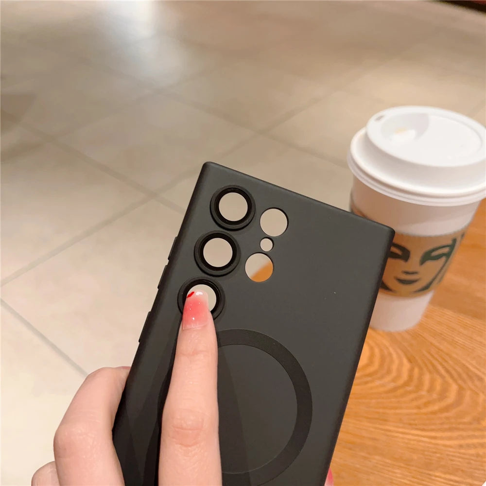 Matte For MagSafe  Wireless Charging Case For Samsung S24 S23 S22 Ultra Plus S21 FE Soft Silicon Lens Protection Cover