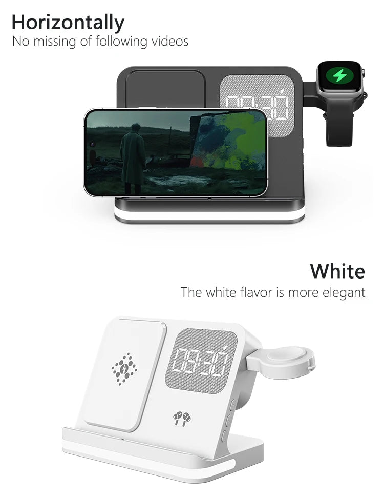 Four in one desktop clock wireless charger that can charge phones, headphones, and watches simultaneously