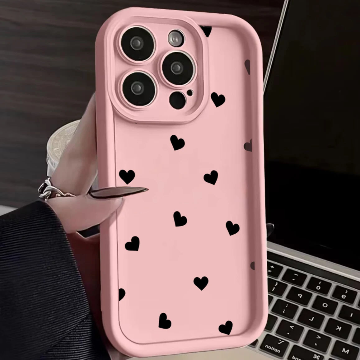 Black Love Heart Soft Matte Phone Case For iPhone 17 Air 14 Pro 16E Plus Cover For iPhone 15 16 17 Pro Max Cases