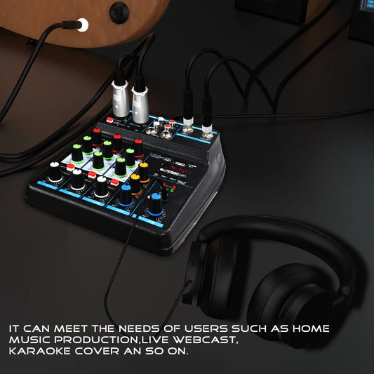 4 Channel DJ Audio Mixer With Bluetooth USB And 48V Phantom Power