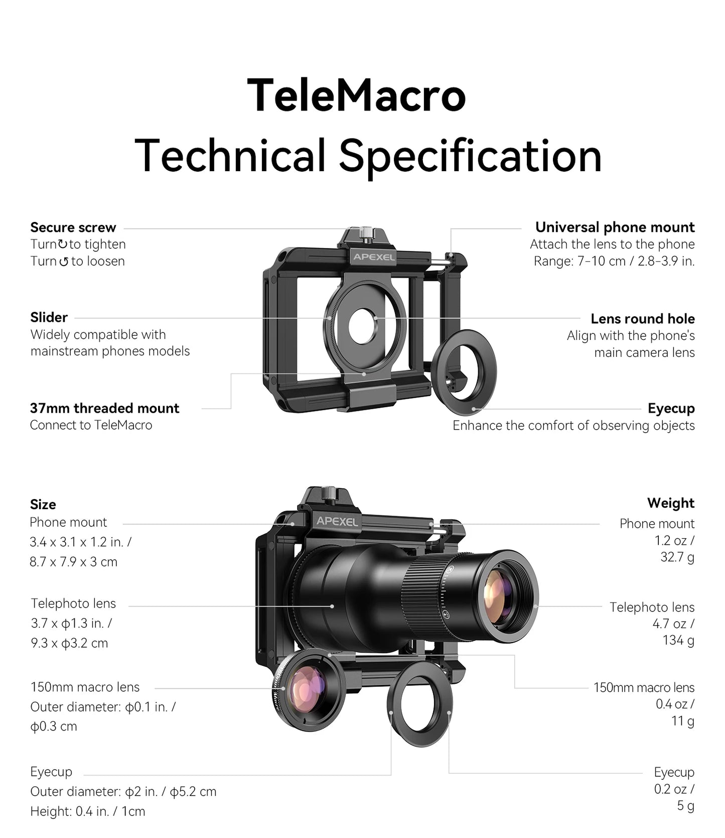 6X Telephoto Macro Smartphone Lens with Universal Phone Mount