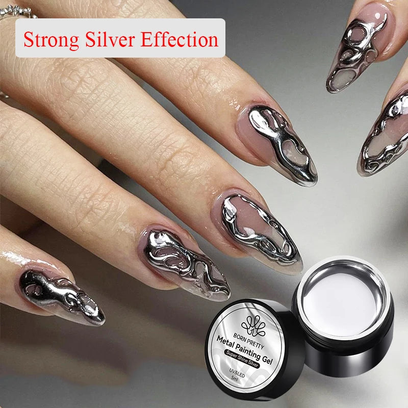 5ml Metallic Painting Gel Polish Strong Silver Effection Nail Art Soak Off Gel Nail Polish Silver Mirror Gel