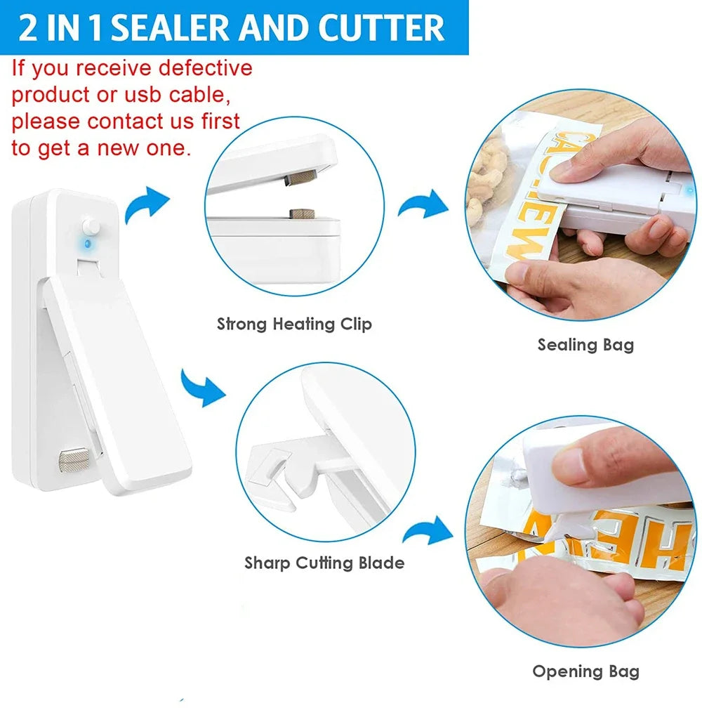 2-in-1 Mini Rechargeable Bag Sealer & Cutter – Portable USB Vacuum Heat Sealer for Plastic Snack & Food Storage Bags