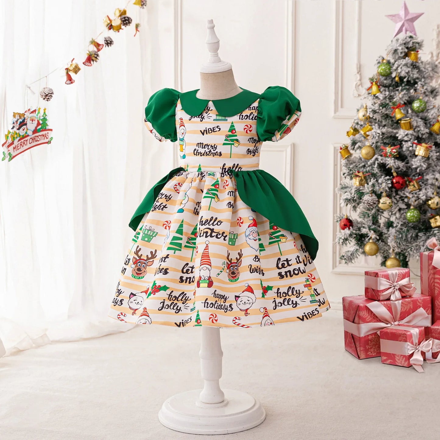 Girls Elegant Dresses Santa Claus Snowflake Print Child Christmas Costume Red Green Kids Princess Dress Party Evening Clothing