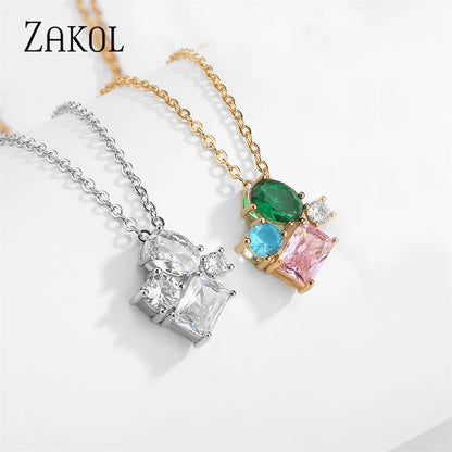 Fashion Mutilcolor Crystal Pendant Necklaces for Women Korean Oval Cubic Zirconia Necklace