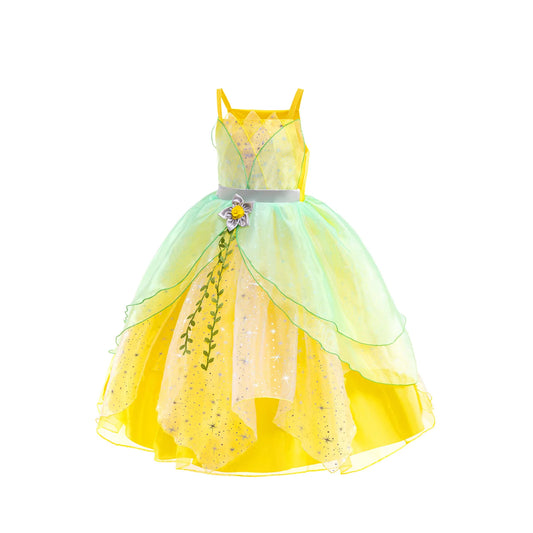 Layered Tulle Fairy Princess Dress Green Yellow Sling Party Costume
