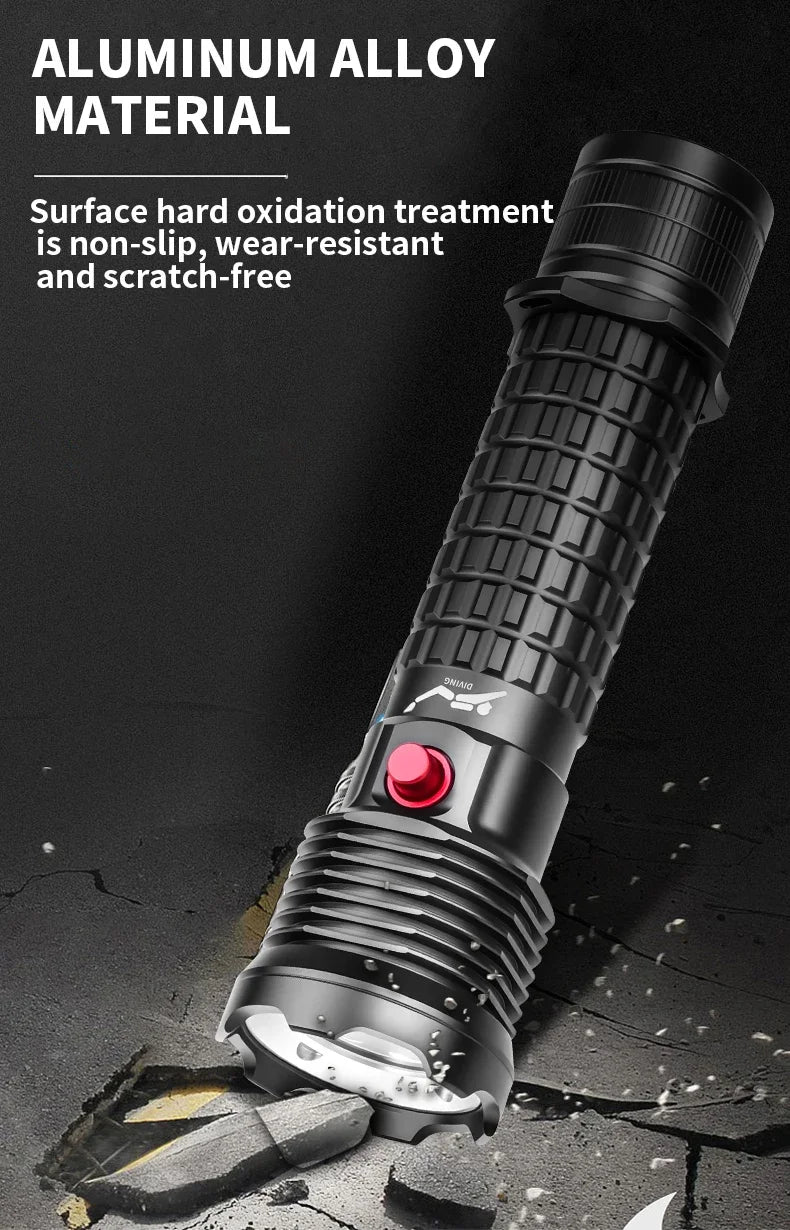 Rechargeable Diving Flashlight IPX8 Waterproof Underwater LED Torch Strong Light Dive Lamp