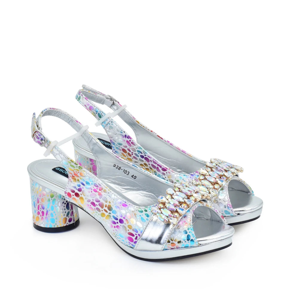 Rhinestone Design INS African Shoes and Bag Set in Silver Color Open Toe Comfortable Women Heels