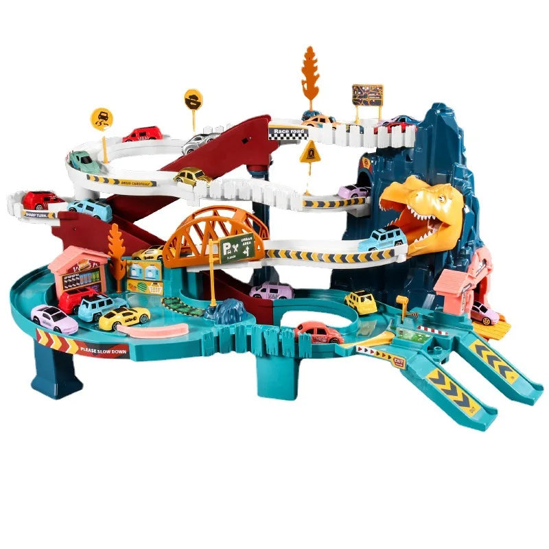Electric Rail Car Dinosaur Building Parking Lot Adventure Racing Rail Car Toys Brain Mechanical Interactive Rail Cars