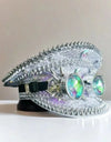 Silver Steampunk Captain Hat Rivet Rhinestone Goggles Masquerade Military Cap Women Sequin Music Festival Handmade Unisex Adult