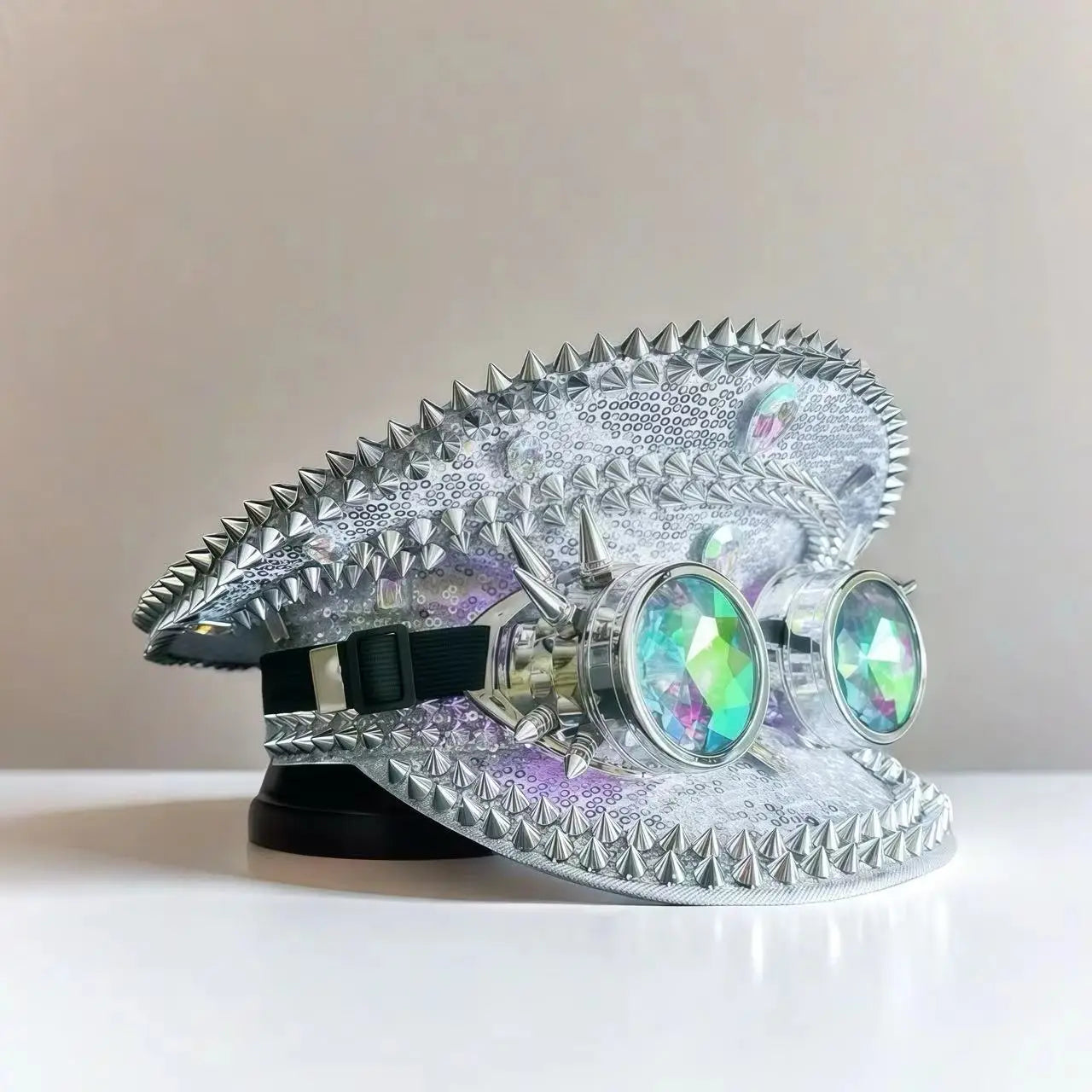 Silver Steampunk Captain Hat Rivet Rhinestone Goggles Masquerade Military Cap Women Sequin Music Festival Handmade Unisex Adult