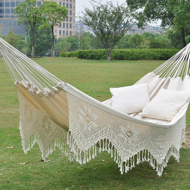 Premium Cotton Canvas Hammock with Woven Tassels for Home, Bedroom, Patio, Porch, Yard, Beach 2 Person Bohemia Style