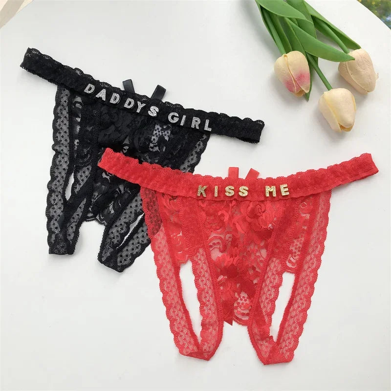 Customized Crystal Name Letters Women's Breathable Lace Underwear Low Waisted Opening Thong Bikini Erotic G-String Panties