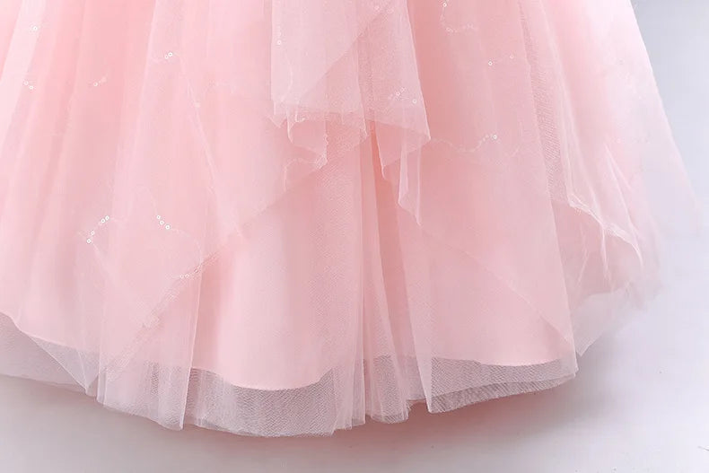 Girls Princess Ball Gown - Fluffy Tulle Party Dress for Flower Girl/Birthday/Pageant | Sparkly Puffy Sleeve Wedding Dress