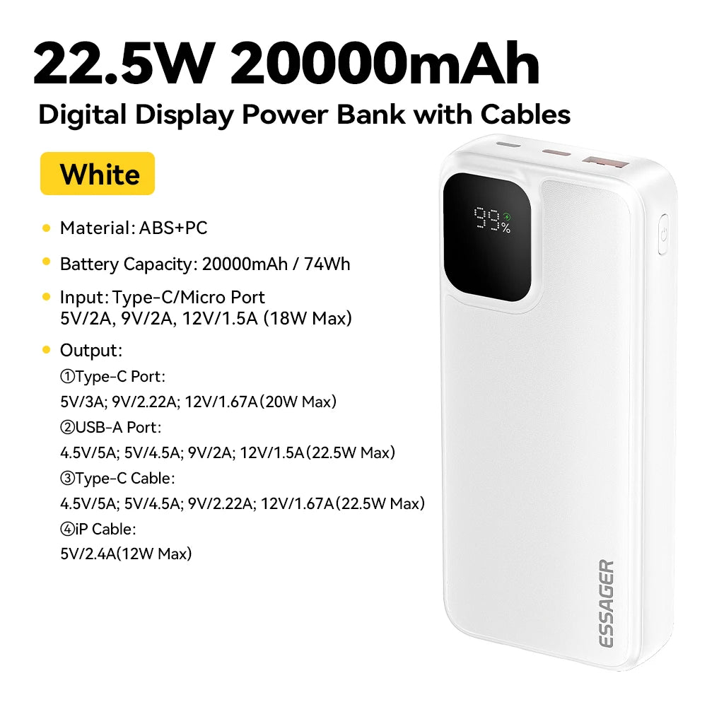20000mAh Power Bank 22.5W PD Fast Charging with Built-in Type-C & Lightning Cables Digital Display Portable Charger