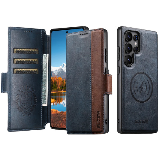 Magnetic Flip Wallet Case with Card Holder & Stand for Samsung Galaxy S26 Ultra / S25 / S24 / S23 – Faux Leather Wireless Charging Cover