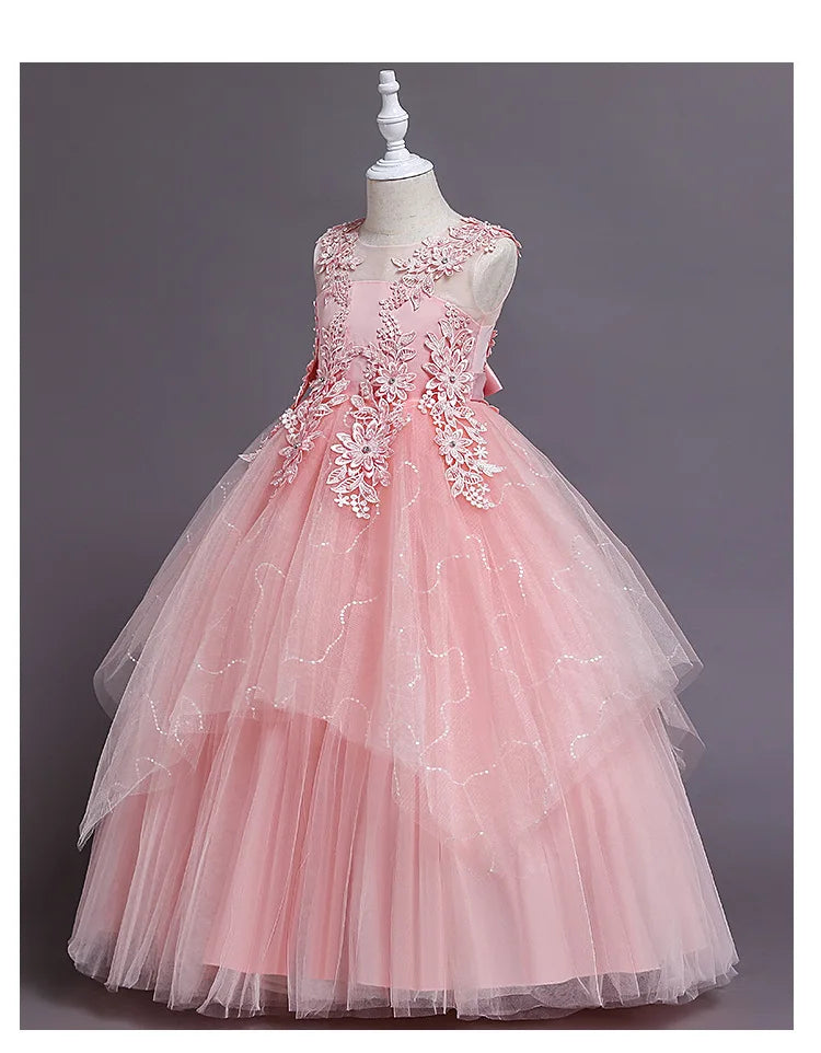 Summer Flower Girls Party Lace Dress Kids Long Princess Dress Mesh Children's Day Clothing Gowns for Girls for Wedding