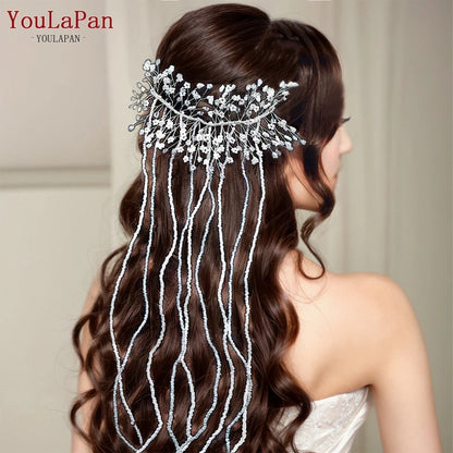 Bridal Beaded Tassel Chain Hair Piece Sparkling Crystal Wedding Hairband Bridesmaid Jewelry Accessories