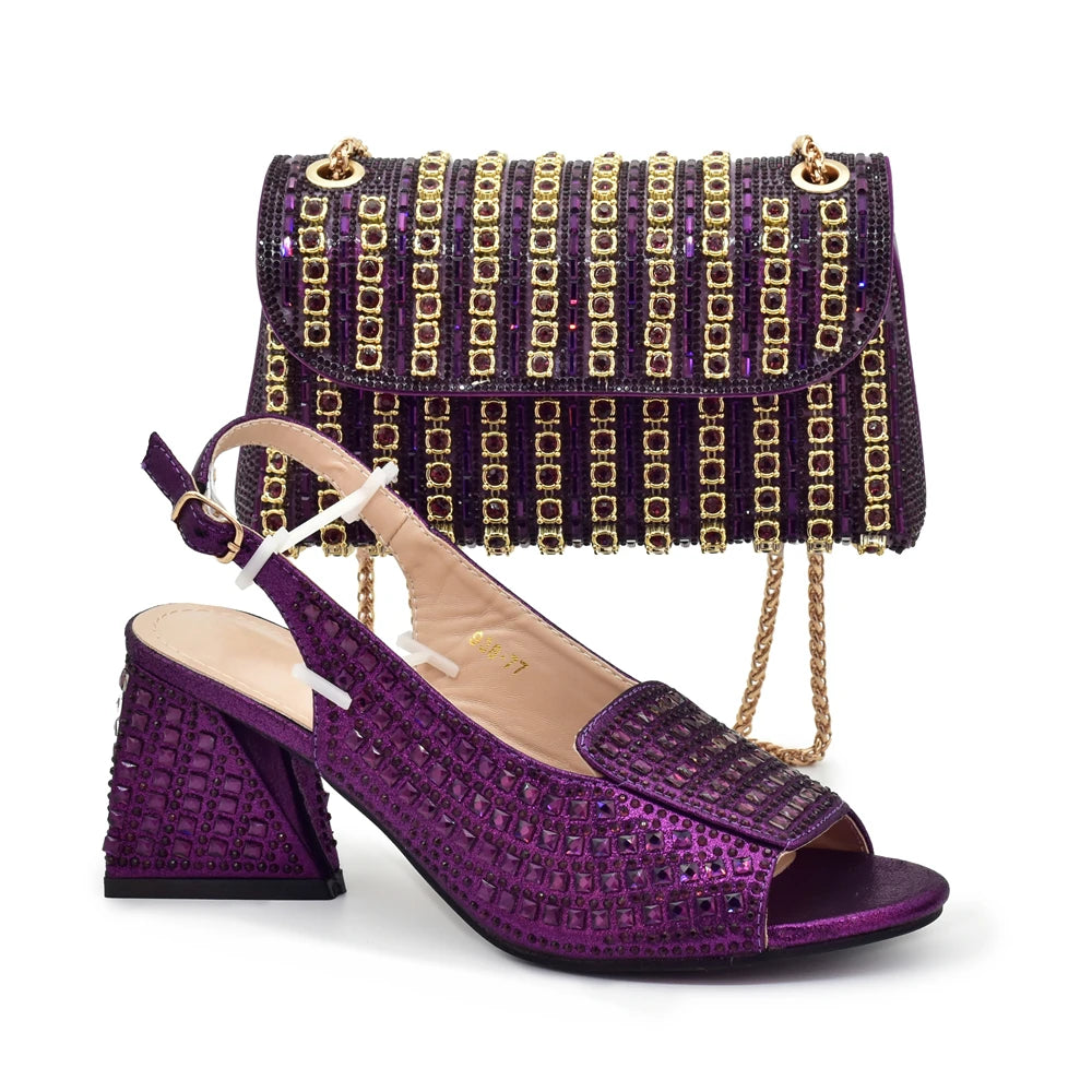 Nigerian Women's Purple Color Mid Heels Frosted Crystal Shiny Rhinestone Party Itaian Design Peep Toe Shoes and Bag Set