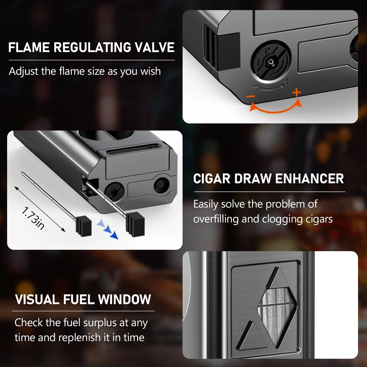 Cigar Lighter 4 Jet Flame Cigar Lighters with Cigar Cutter Cigar Accessories Cigar Draw Enhancer Windproof Refillable Butane