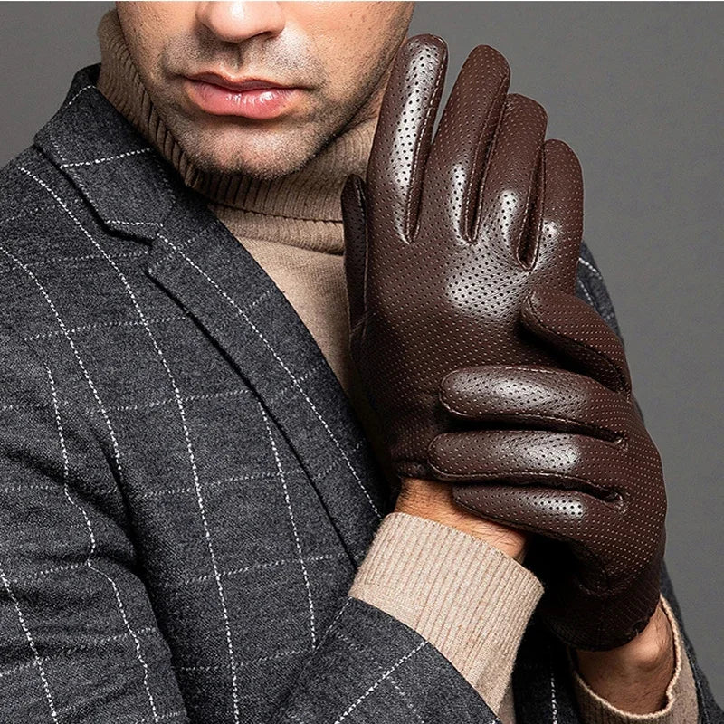 Sheepskin men's winter Business Real Leather Gloves male Durable Full Finger Touch Screen Black Gloves Riding Motorcycle Gloves