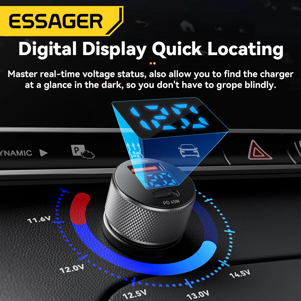 45W USB C Car Charger PD3.0 QC3.0 Fast Charging 2 Port Adapter with Digital Display