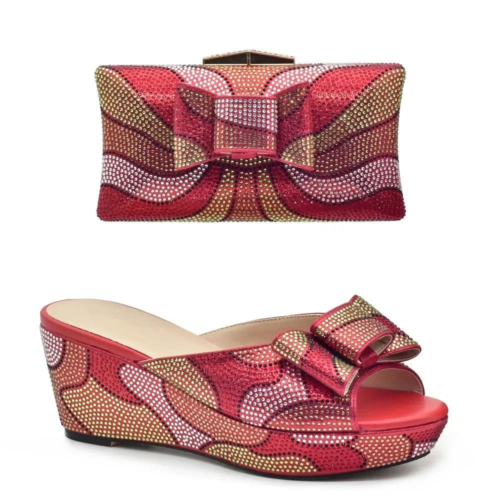 Design Italian Shoes and Bags Matching Set Decorate with Rhinestone Wedges Shoes for Women Luxury Round Toe Platform Shoes