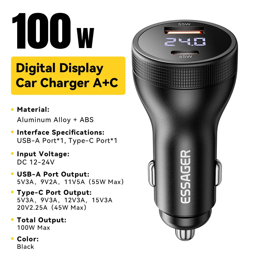 100W USB C Car Charger PD 3.0 QC 4.0 Fast Charging Dual Port Type C + USB Adapter