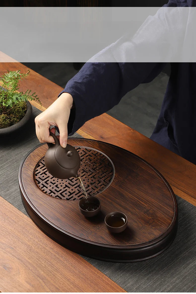 Chinese Tea Ceremony Culture Oval Tea Tray Natural Bamboo Hollow Drainage Storage Tea Tray Home Solid Wood Storage Tray
