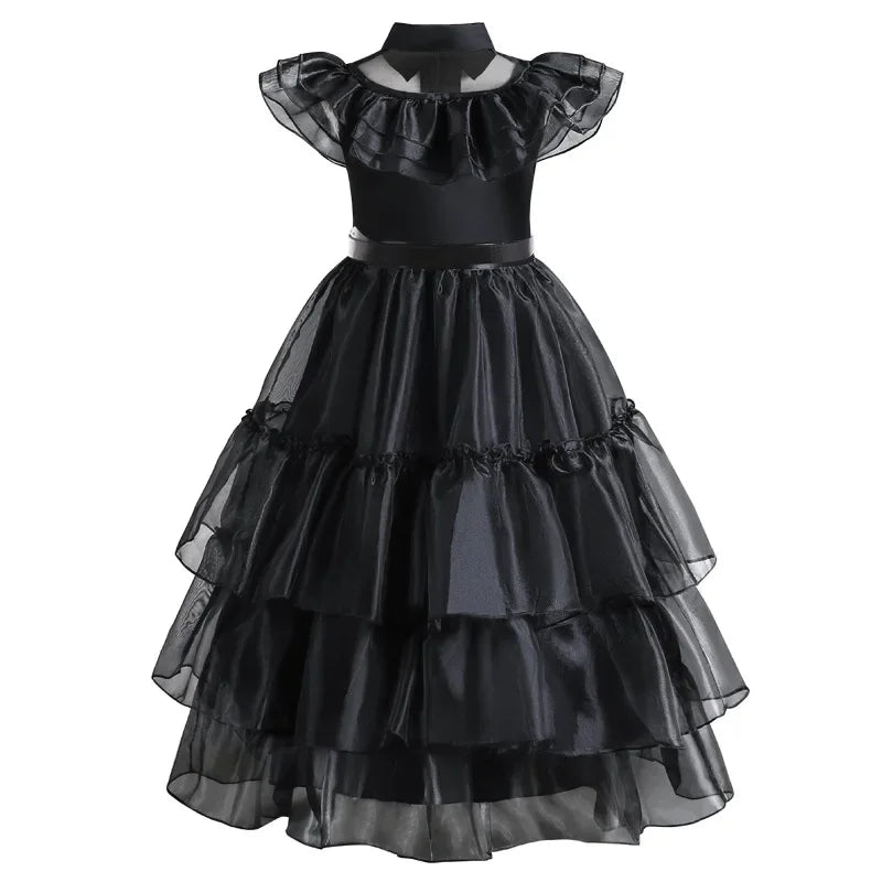Girls Mesh Hollowed Out Cake Long Dress Cosplay American Drama Matching Ball Dress Black Kids Cospaly Dresses for Halloween