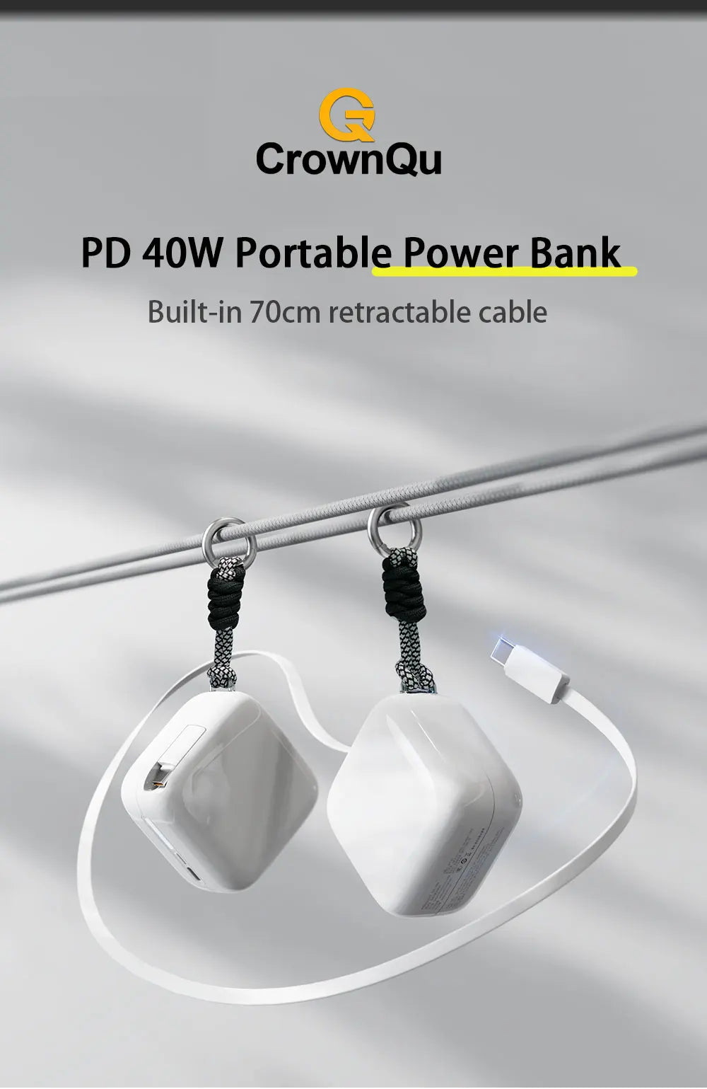 40W Fast Charging Protable 10000mAh PowerBank Gallium Nitride With 70cm Retractable Type-C Cable for iPhone 17 16 Xiaomi Huawei