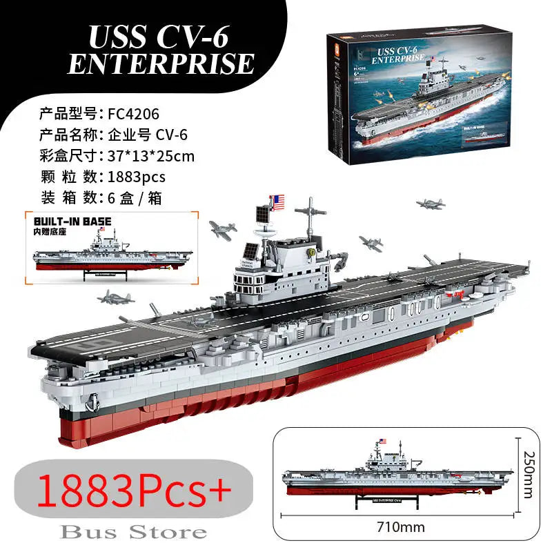 Military World War II Warship Battle Boat Building Blocks Sets The USS Enterprise CV-6 Bricks Toy For  Birthday Gift