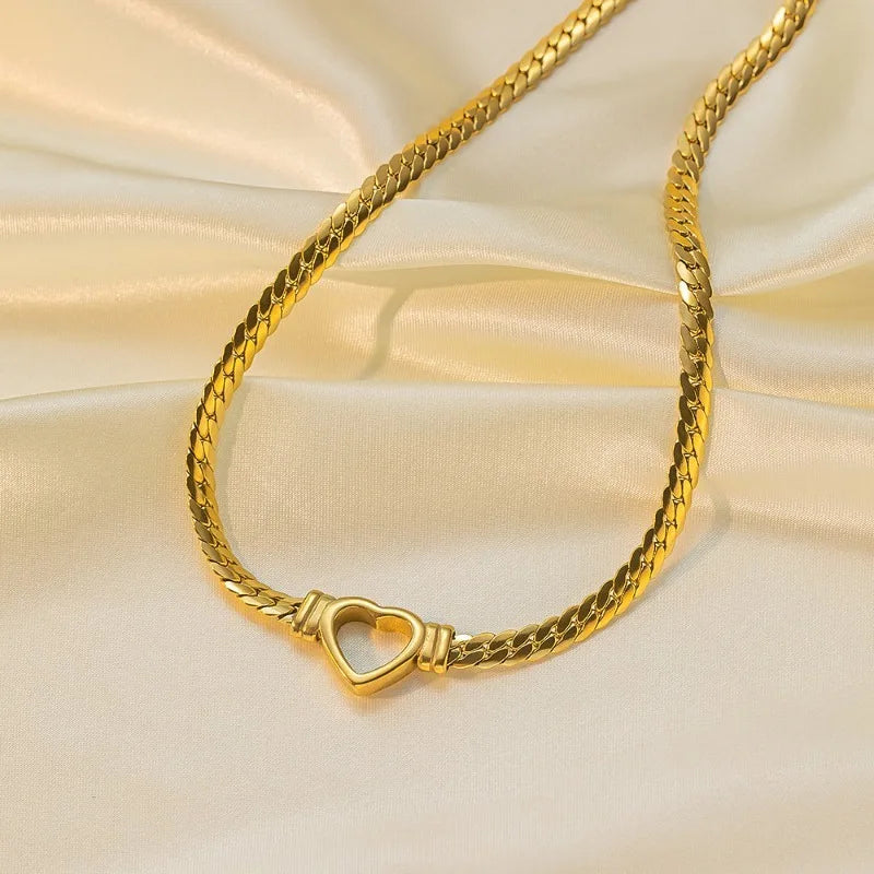 Cuban Link Heart Chain Necklace For Women Gold Plated Stainless Steel Waterproof Necklaces Bracelet 45 cm