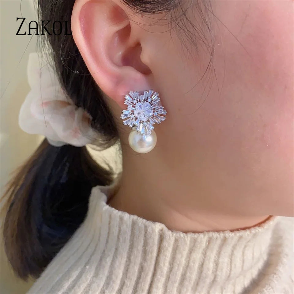 Korea Fashion Round Simulated Pearls Snowflake Drop Earrings