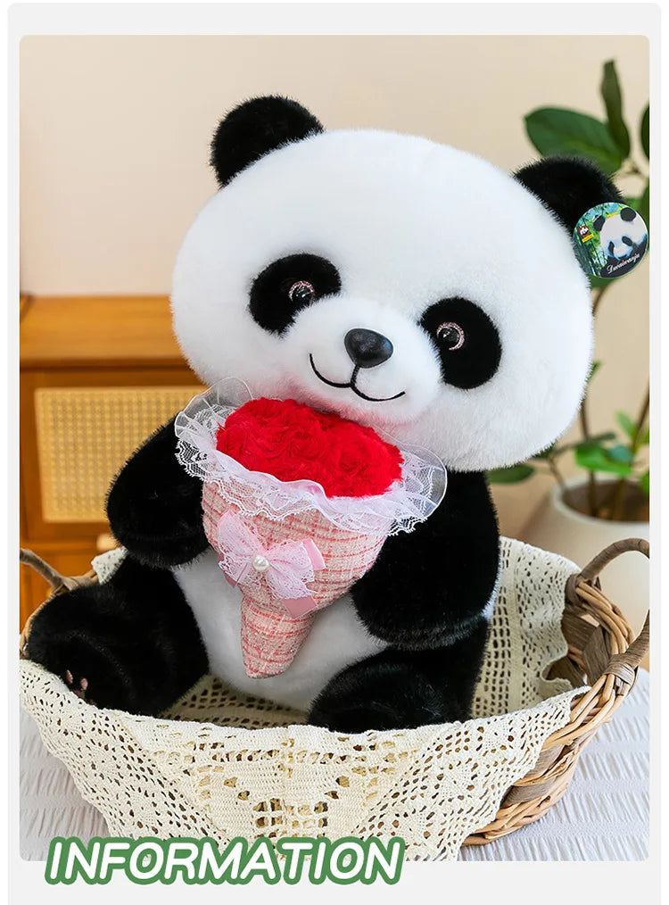 Kawaii Stuffed Doll Cute Panda Plush Toy with Flower Bouquet for Anime Lovers Kids Birthday Gift Stuffed Animal Gift for