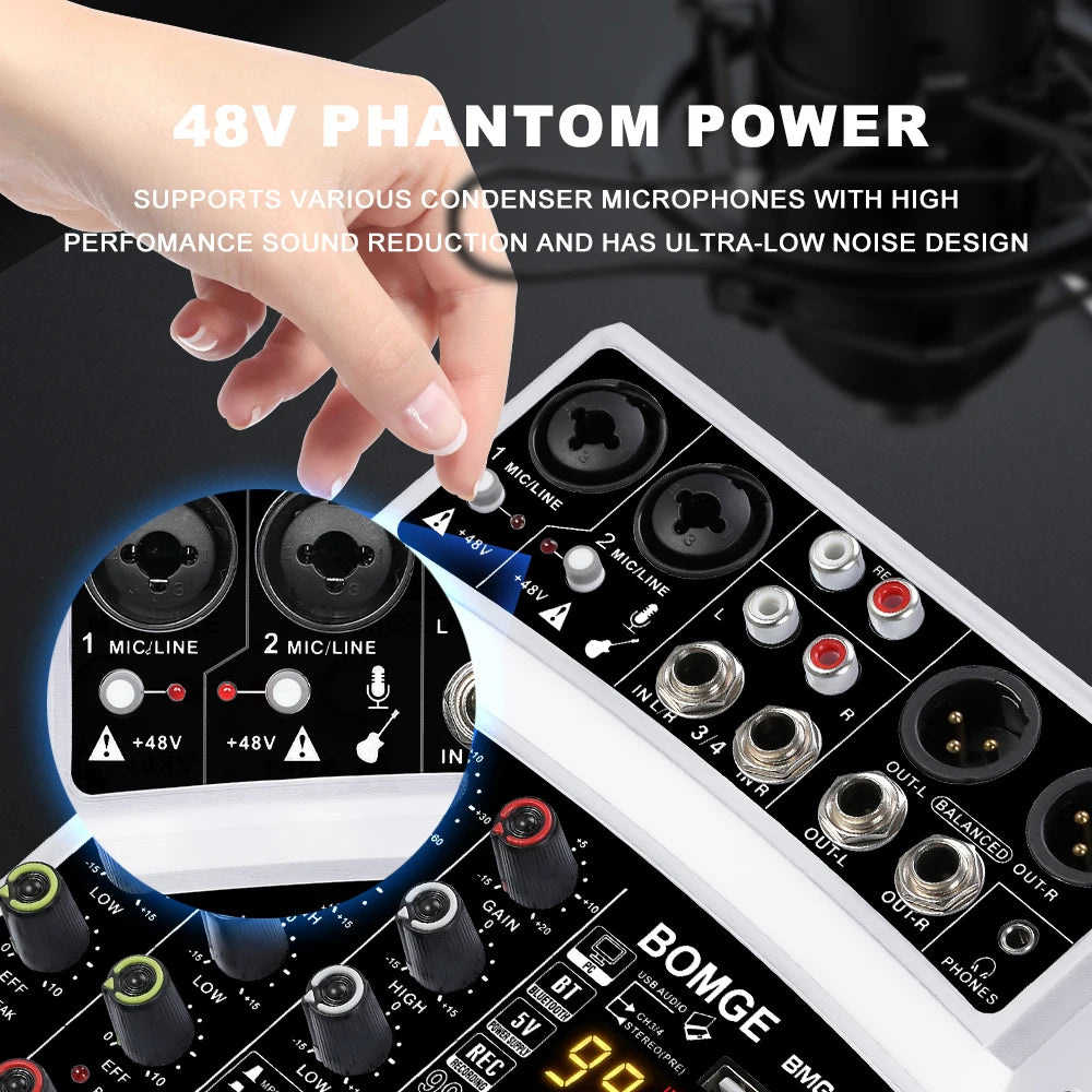 4 Channel Audio Mixer Console with USB 48V Phantom Power and 99 DSP Effects
