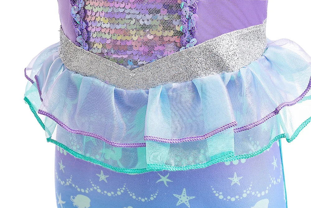 Mermaid Princess Dress for Girls - Summer flutter sleeves Sequin Tulle Dress Sparkling Ocean Themed Party Gown