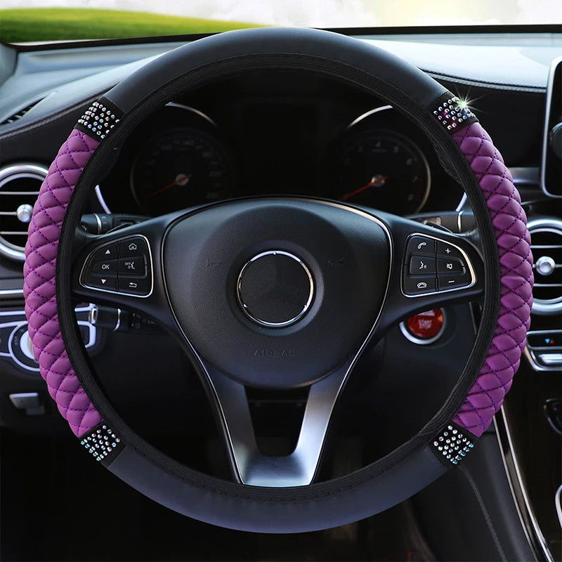 Universal PU Leather Rhinestone Car Steering Wheel Cover